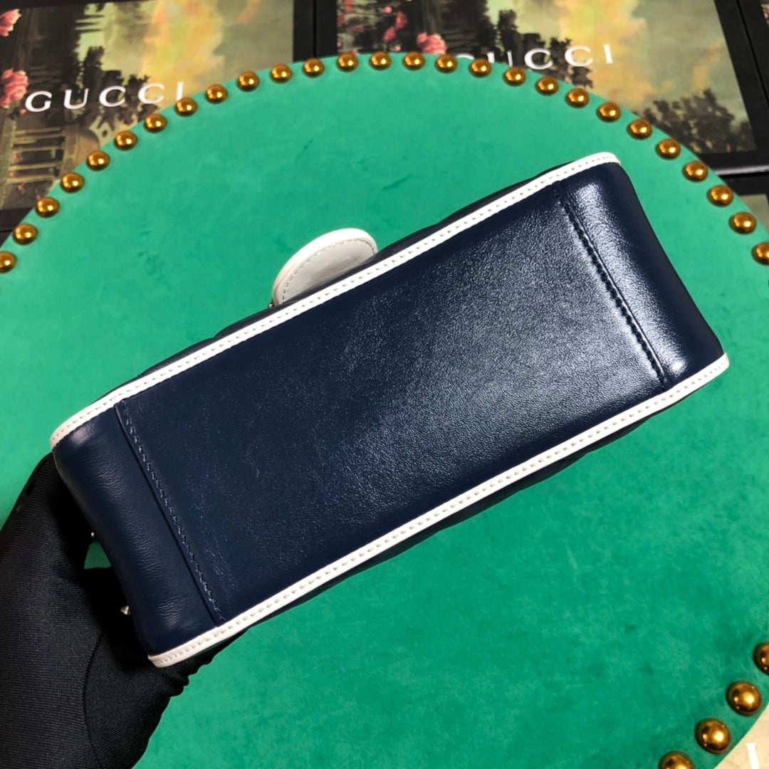 Gucci GG Marmont Small Top Handle Bag - Navy/White Matelassé Leather