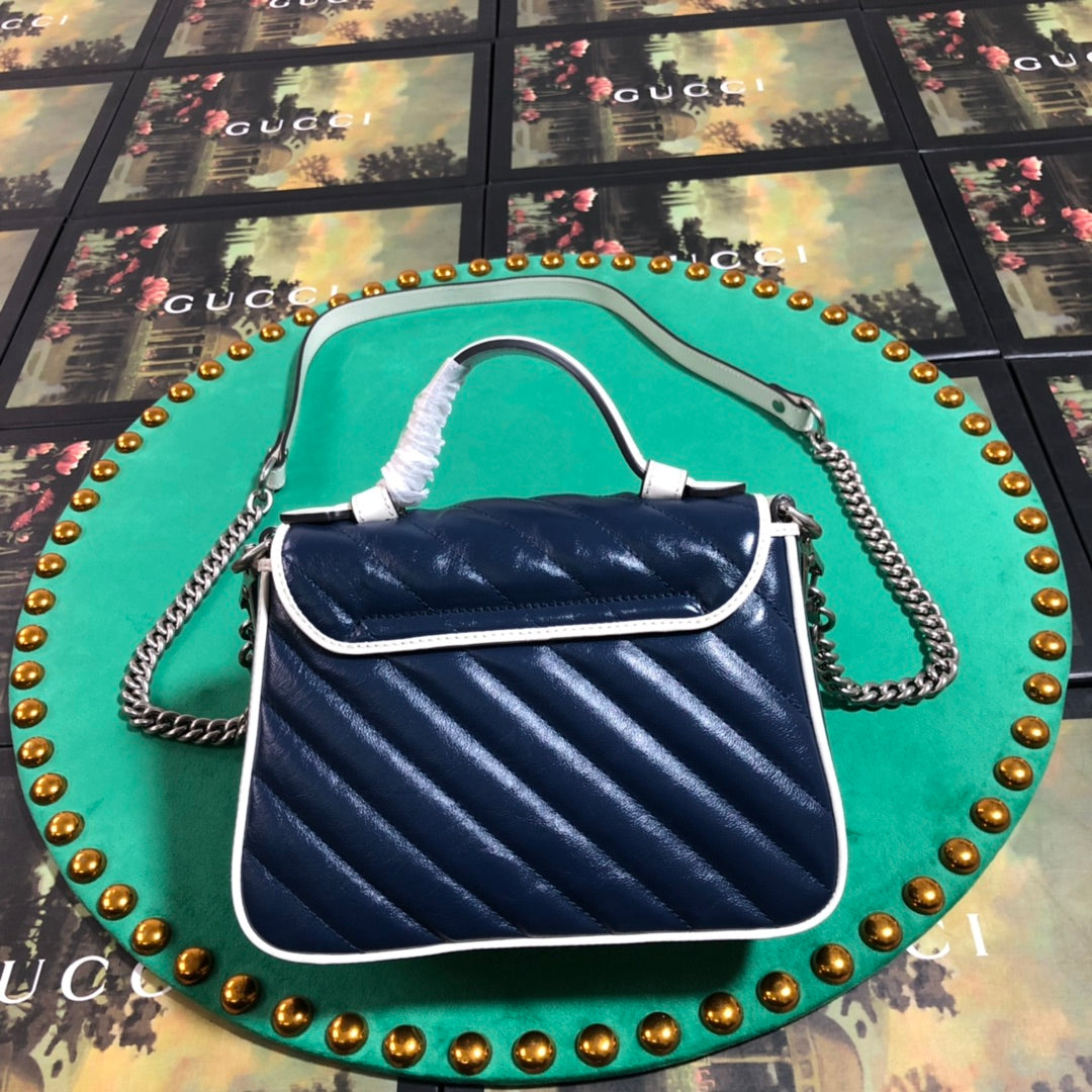 Gucci GG Marmont Small Top Handle Bag - Navy/White Matelassé Leather