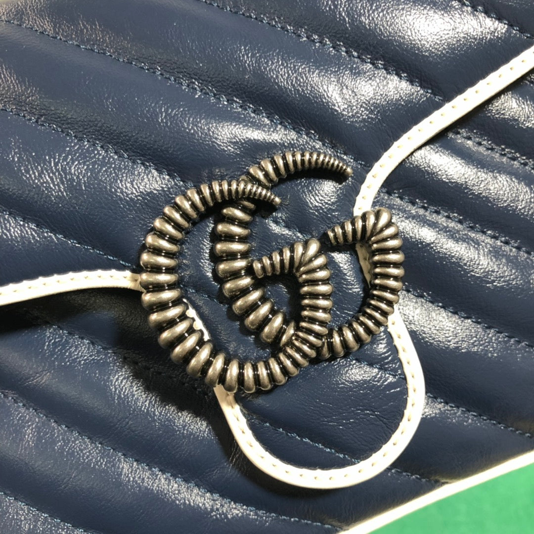 Gucci GG Marmont Small Top Handle Bag - Navy/White Matelassé Leather