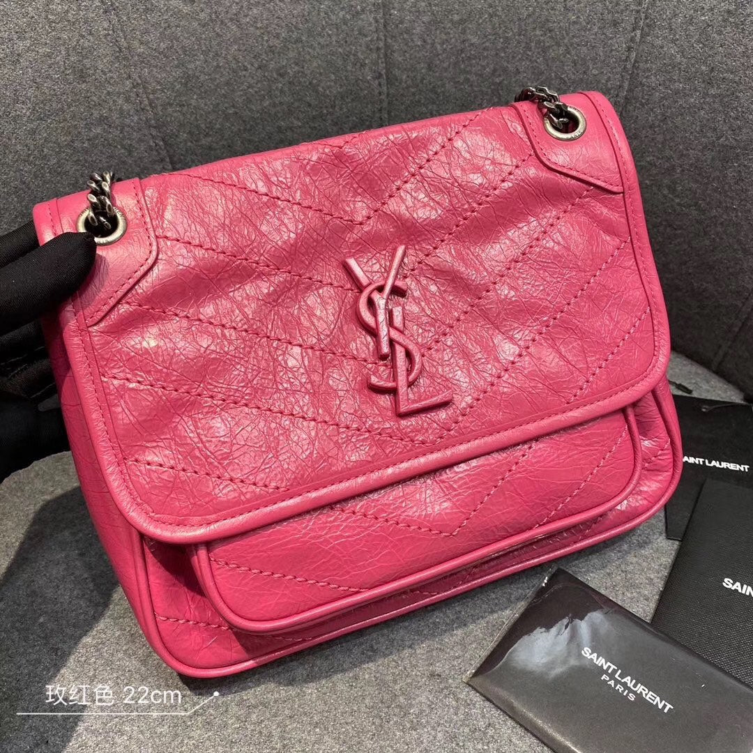 Saint Laurent Niki Baby Chain Bag in Fuchsia Vintage Crinkled Leather