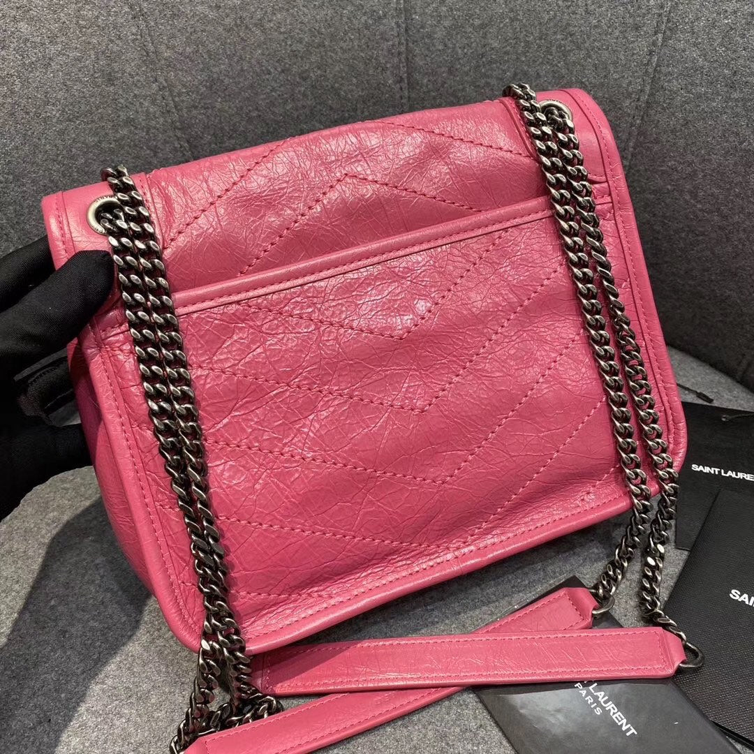 Saint Laurent Niki Baby Chain Bag in Fuchsia Vintage Crinkled Leather
