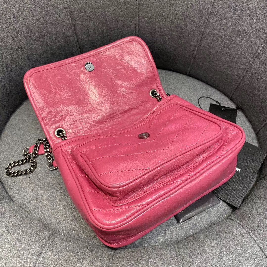 Saint Laurent Niki Baby Chain Bag in Fuchsia Vintage Crinkled Leather