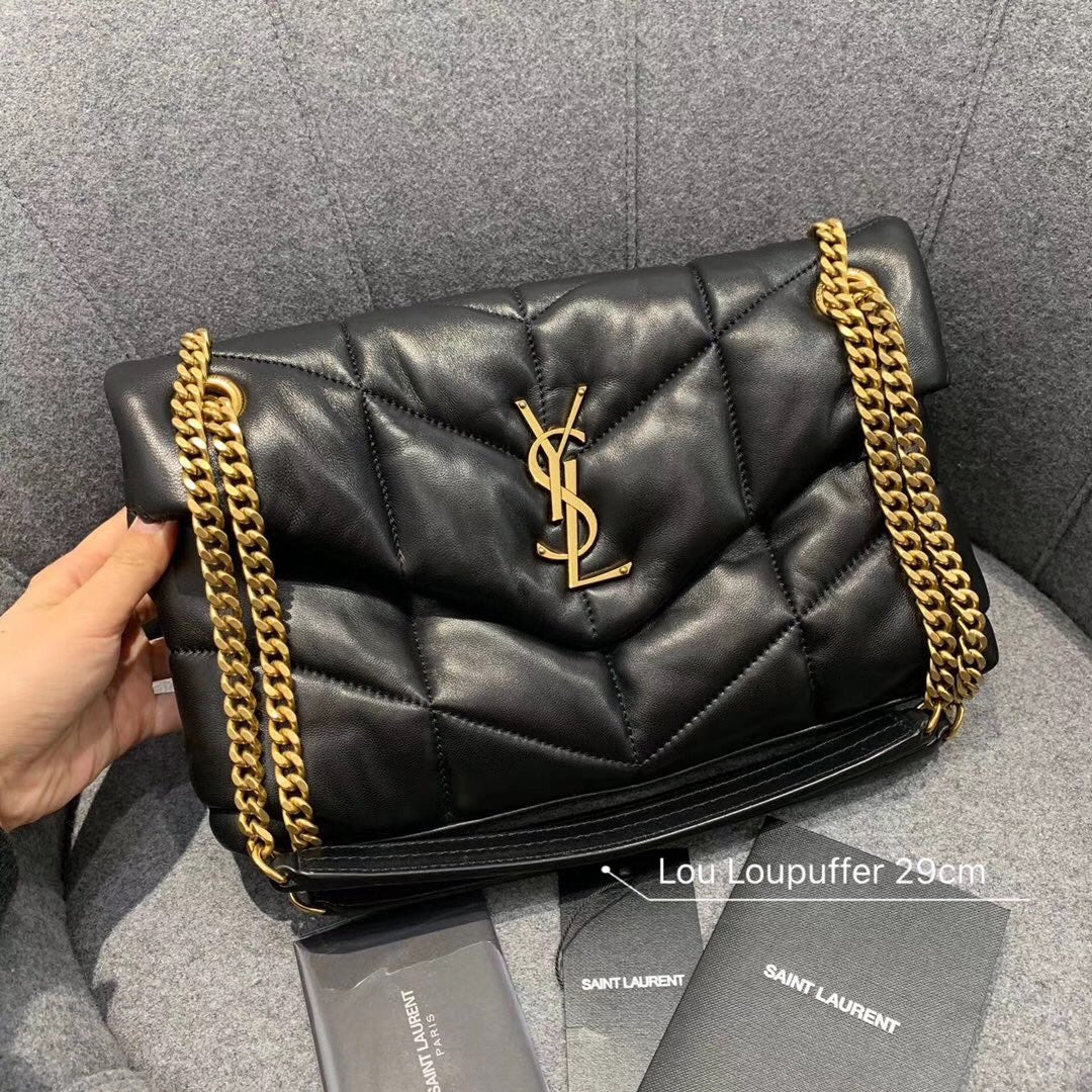 Saint Laurent Loulou Puffer Medium Chain Bag in Quilted Lambskin - Black with Gold Hardware