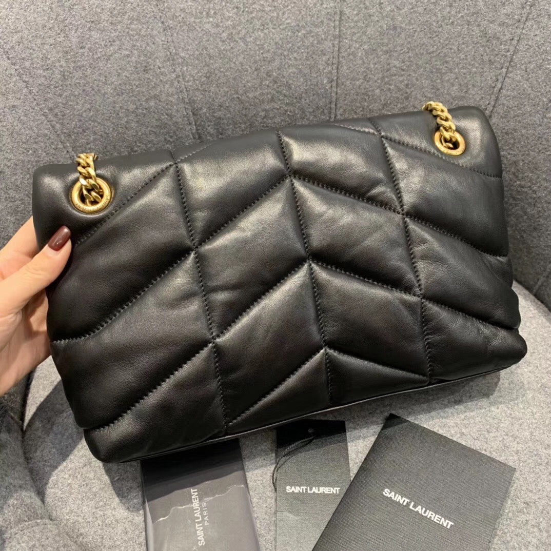 Saint Laurent Loulou Puffer Medium Chain Bag in Quilted Lambskin - Black with Gold Hardware
