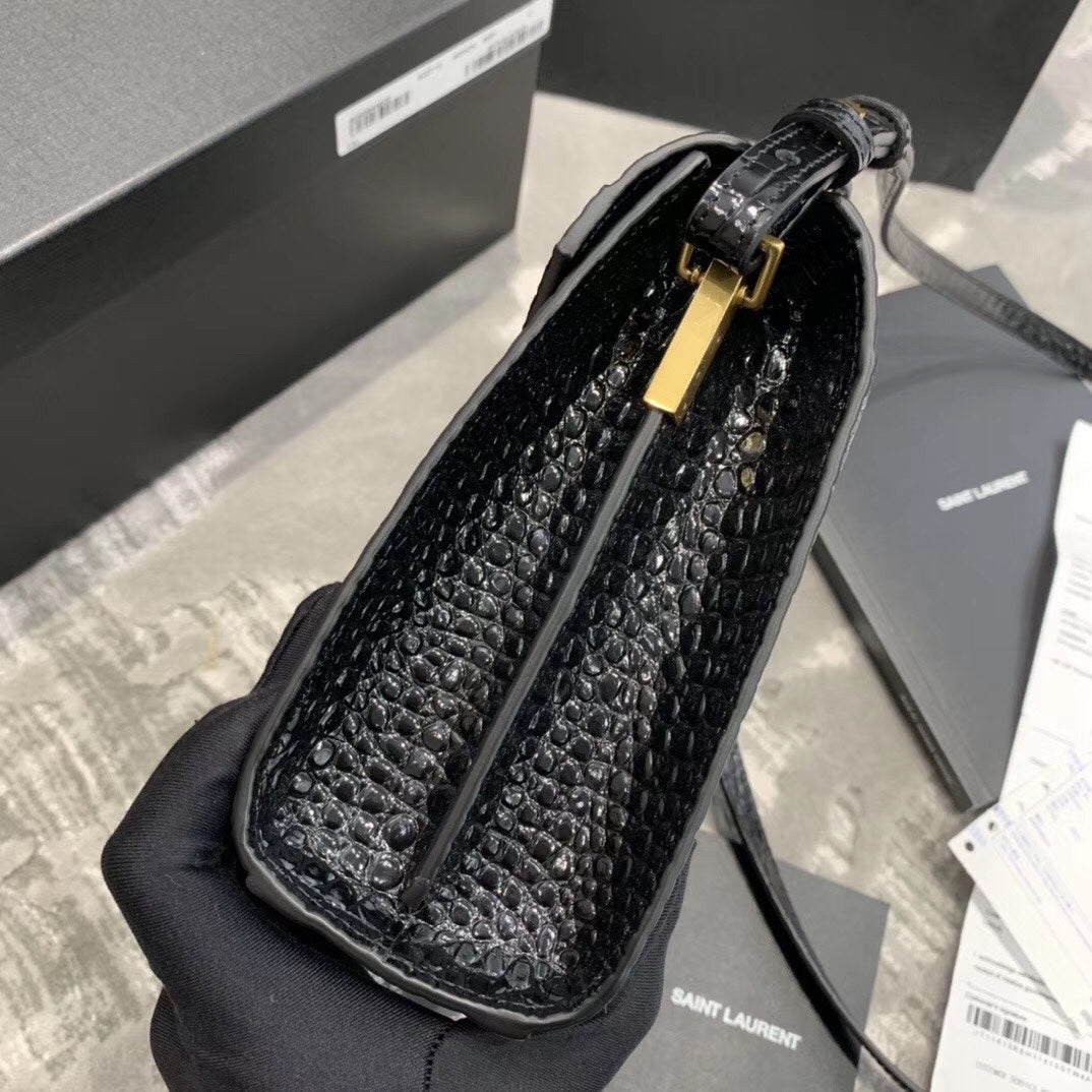 Saint Laurent Cassandra Top Handle Bag in Black Crocodile-Embossed Leather
