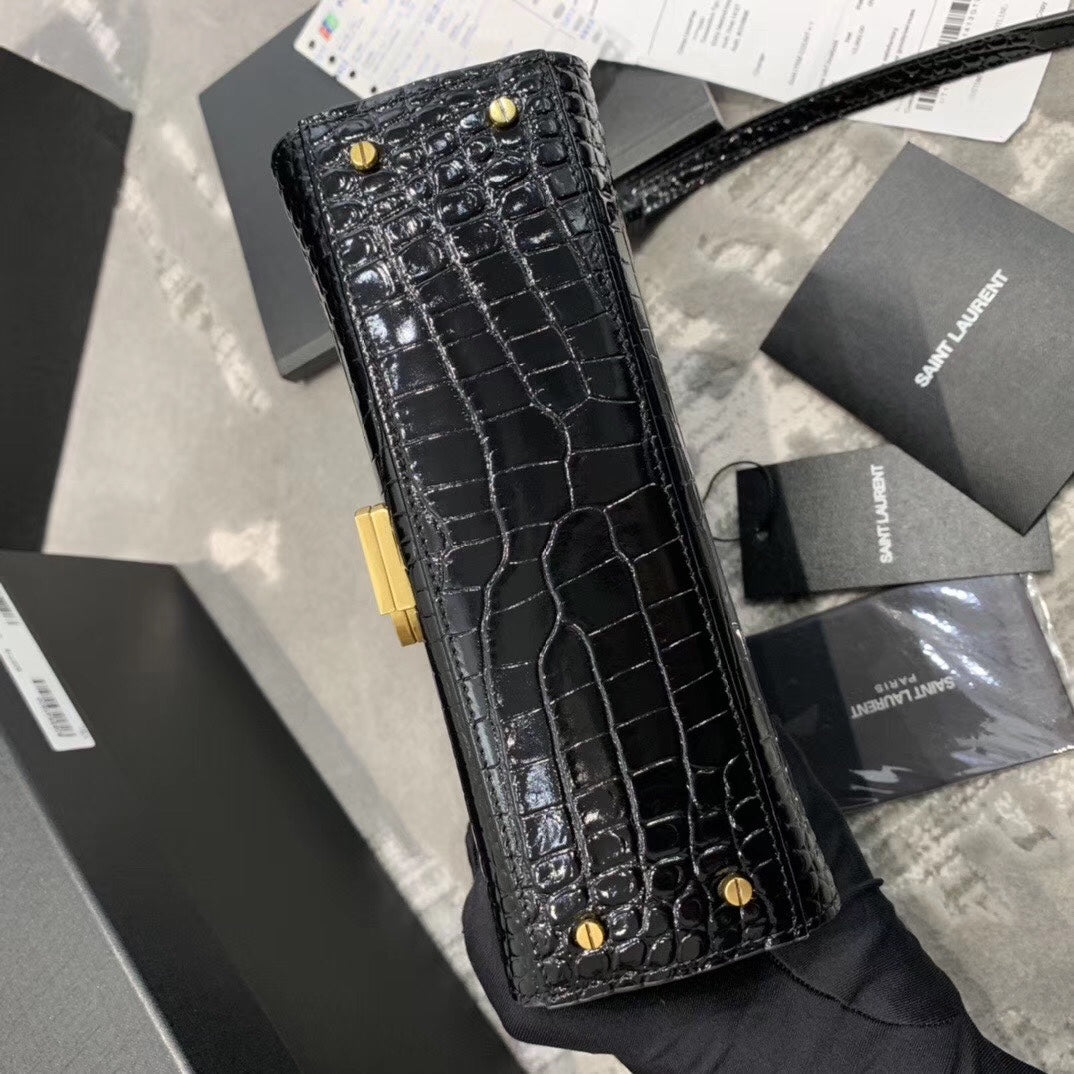 Saint Laurent Cassandra Top Handle Bag in Black Crocodile-Embossed Leather