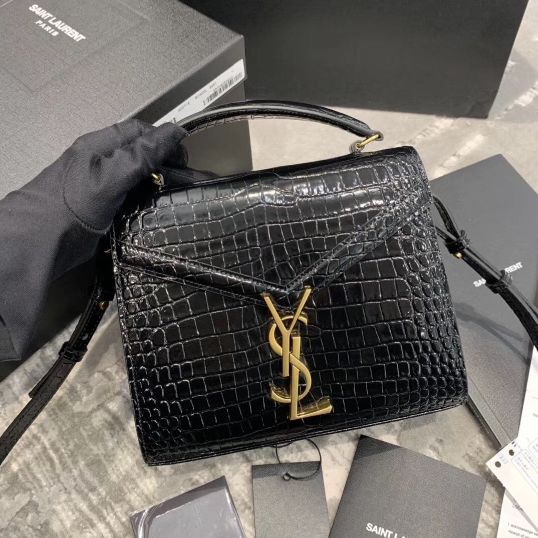 Saint Laurent Cassandra Top Handle Bag in Black Crocodile-Embossed Leather