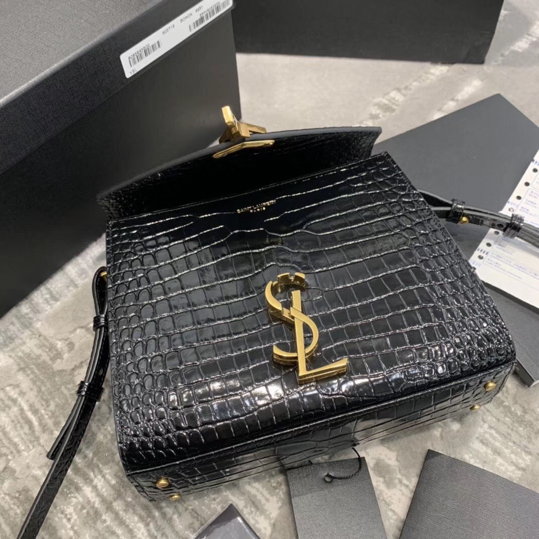 Saint Laurent Cassandra Top Handle Bag in Black Crocodile-Embossed Leather