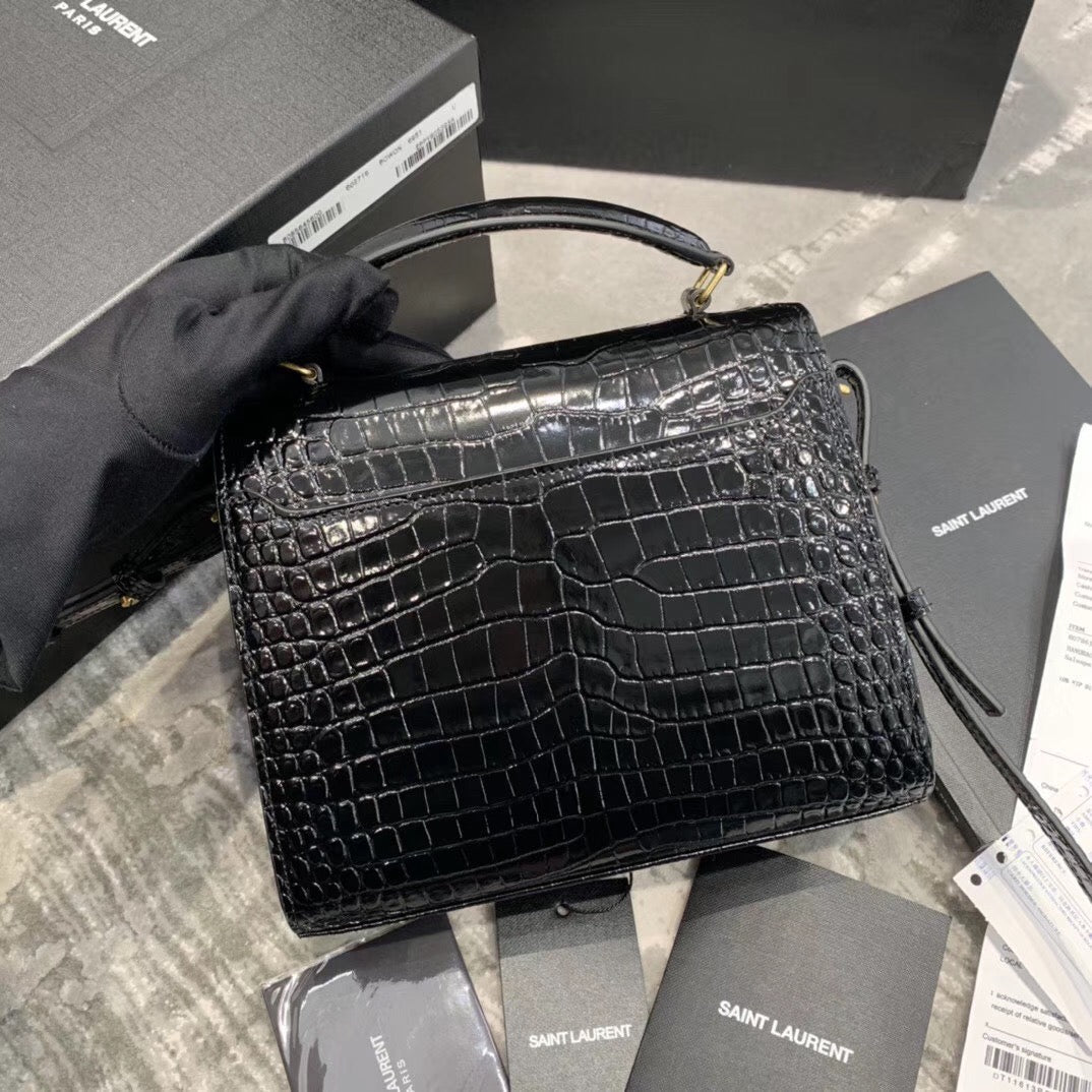 Saint Laurent Cassandra Top Handle Bag in Black Crocodile-Embossed Leather