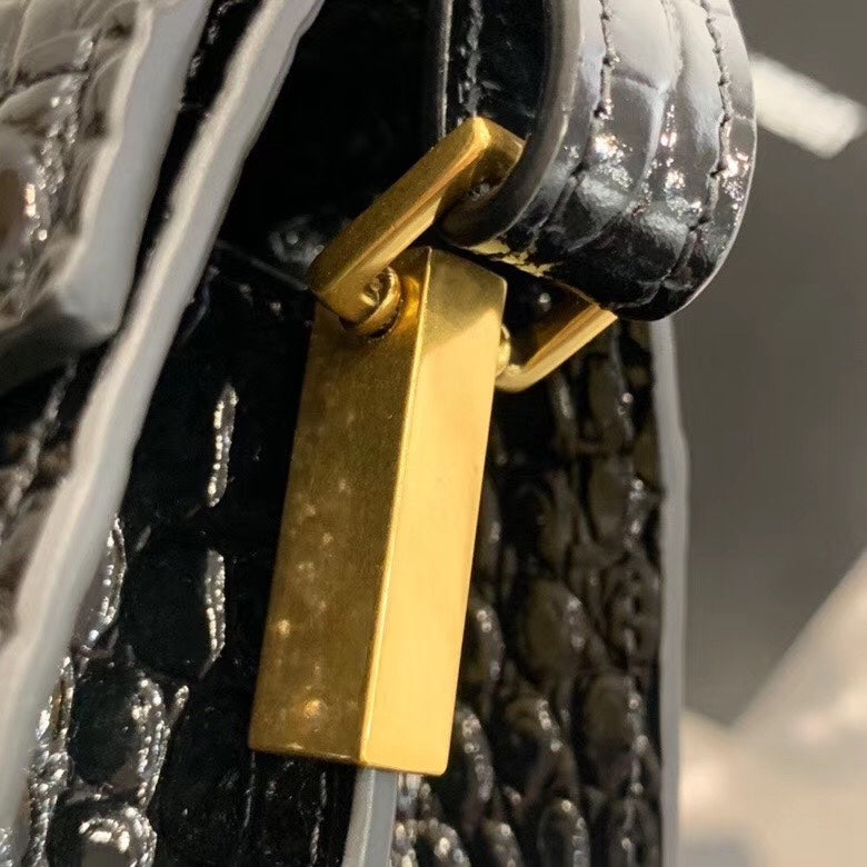 Saint Laurent Cassandra Top Handle Bag in Black Crocodile-Embossed Leather