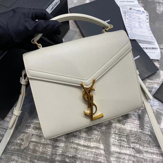 Saint Laurent Cassandra Medium Top Handle Bag in White Grain de Poudre Leather