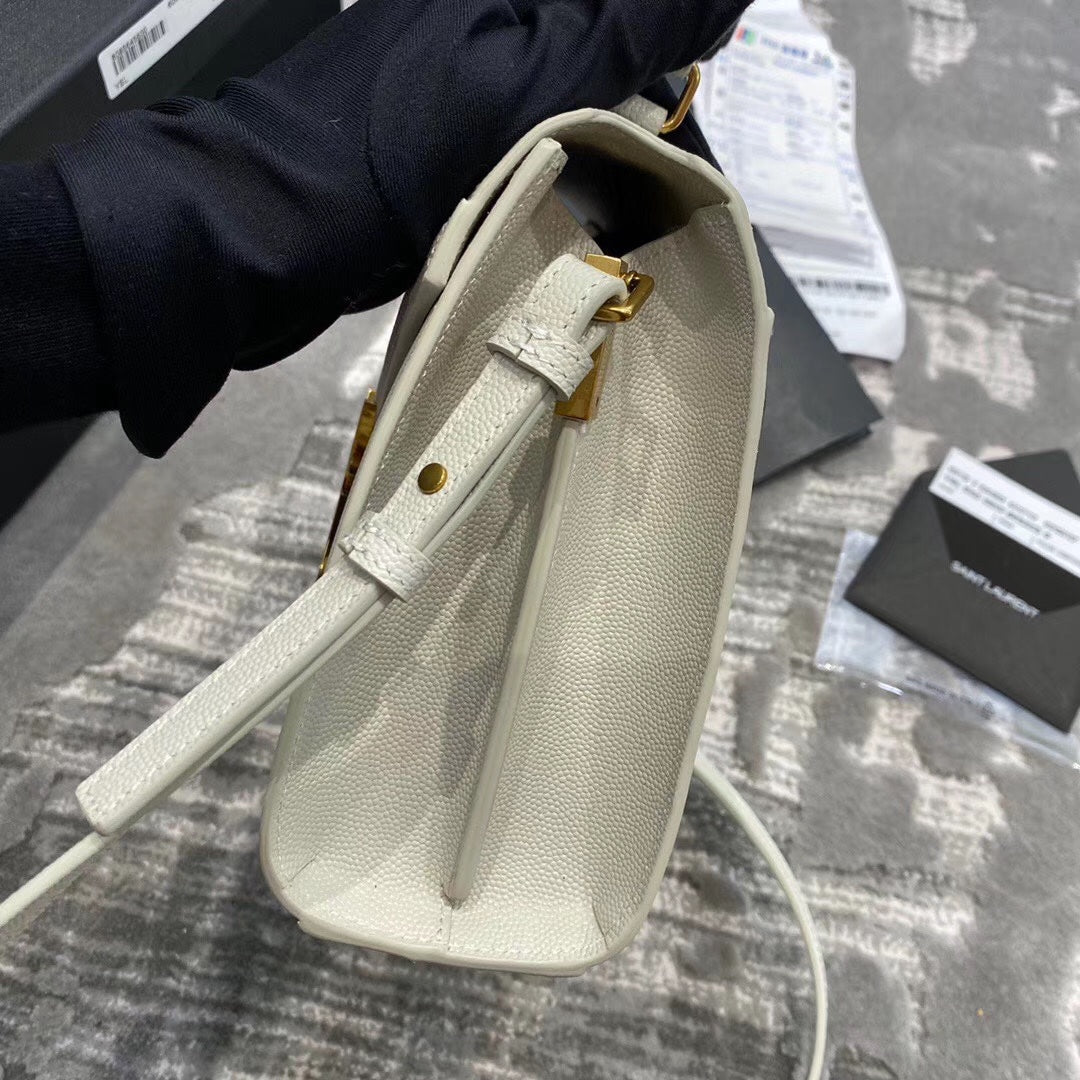 Saint Laurent Cassandra Medium Top Handle Bag in White Grain de Poudre Leather