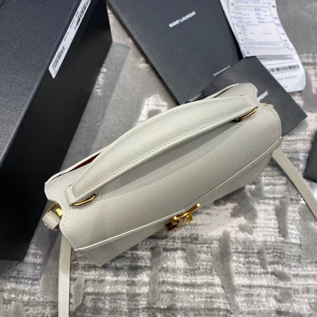 Saint Laurent Cassandra Medium Top Handle Bag in White Grain de Poudre Leather