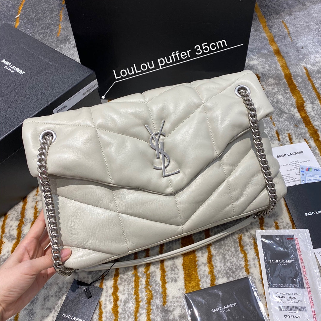 Saint Laurent LouLou Puffer Medium Quilted Lambskin Bag - Blanc Vintage 35cm