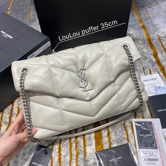 Saint Laurent LouLou Puffer Medium Quilted Lambskin Bag - Blanc Vintage 35cm