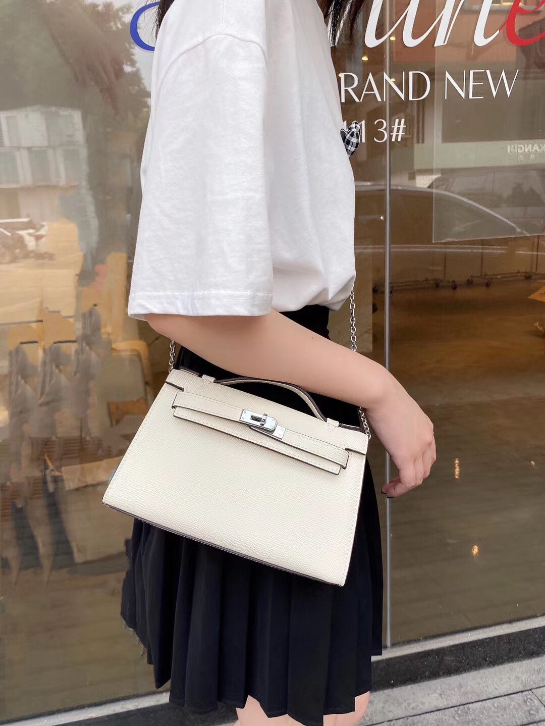 Mini Kelly Style White Leather Crossbody Handbag for Women