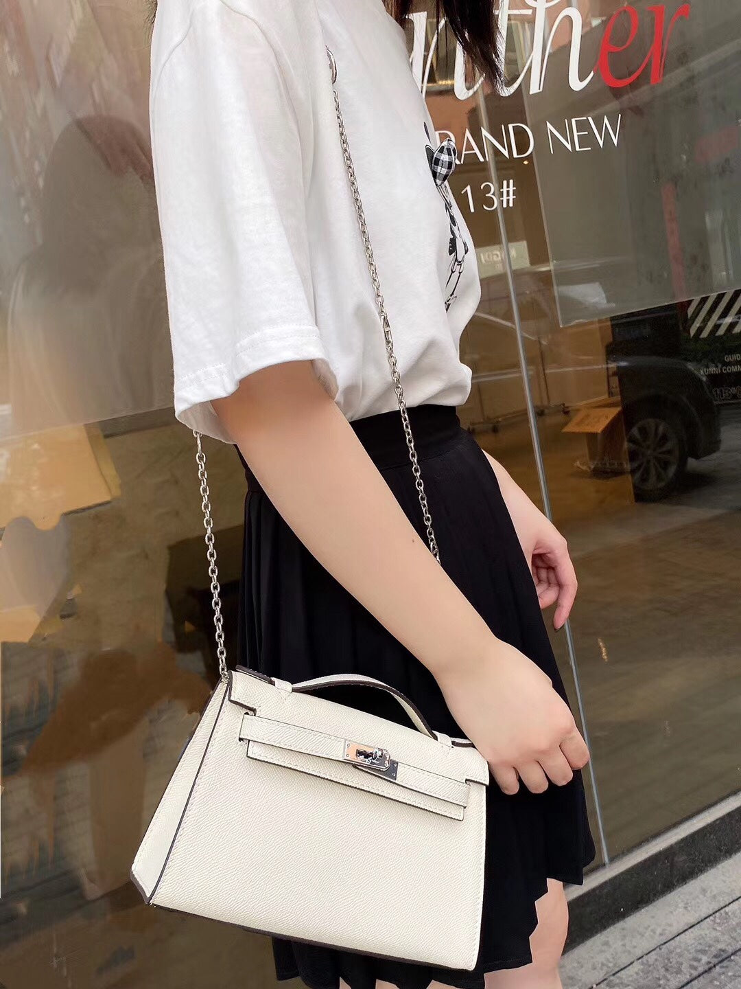 Mini Kelly Style White Leather Crossbody Handbag for Women