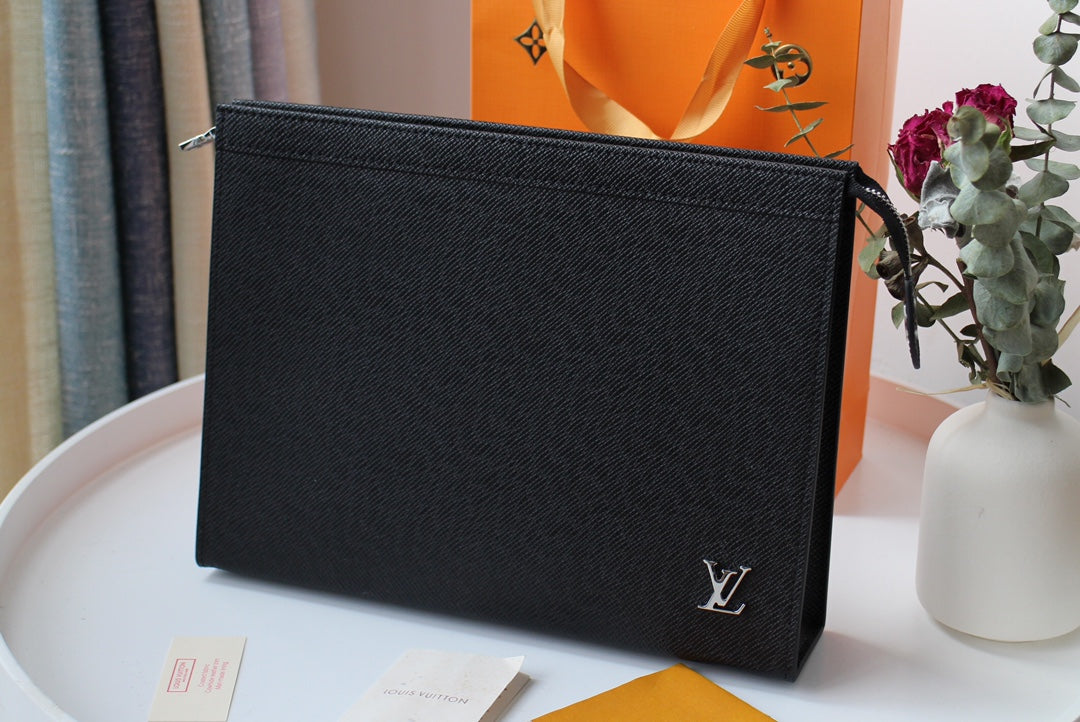 Louis Vuitton Black Taiga Leather Poche Voyage Pouch Clutch MM
