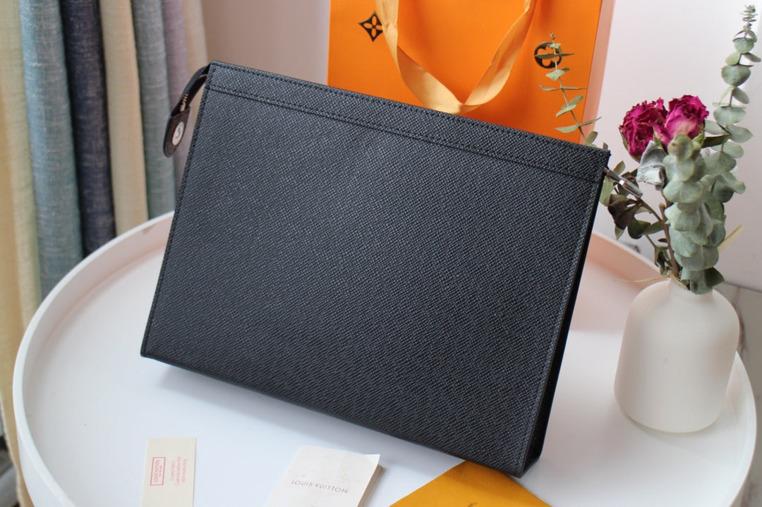 Louis Vuitton Minimalist Black Textured Leather Slim Pouch Zipper Clutch Bag