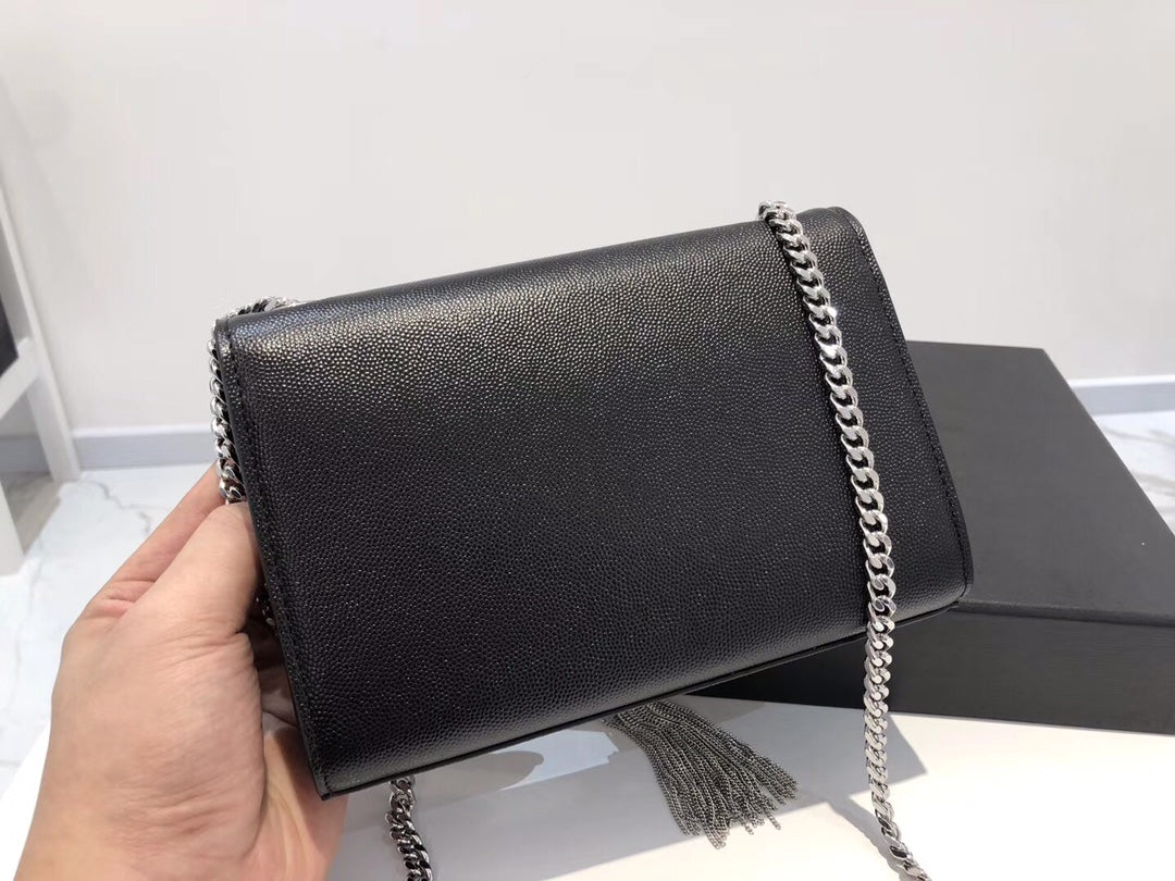 Saint Laurent Kate Small Tassel Shoulder Bag in Black Grained Leather