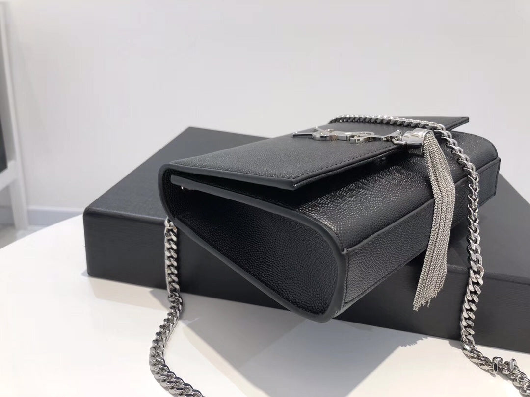 Saint Laurent Kate Small Tassel Shoulder Bag in Black Grained Leather
