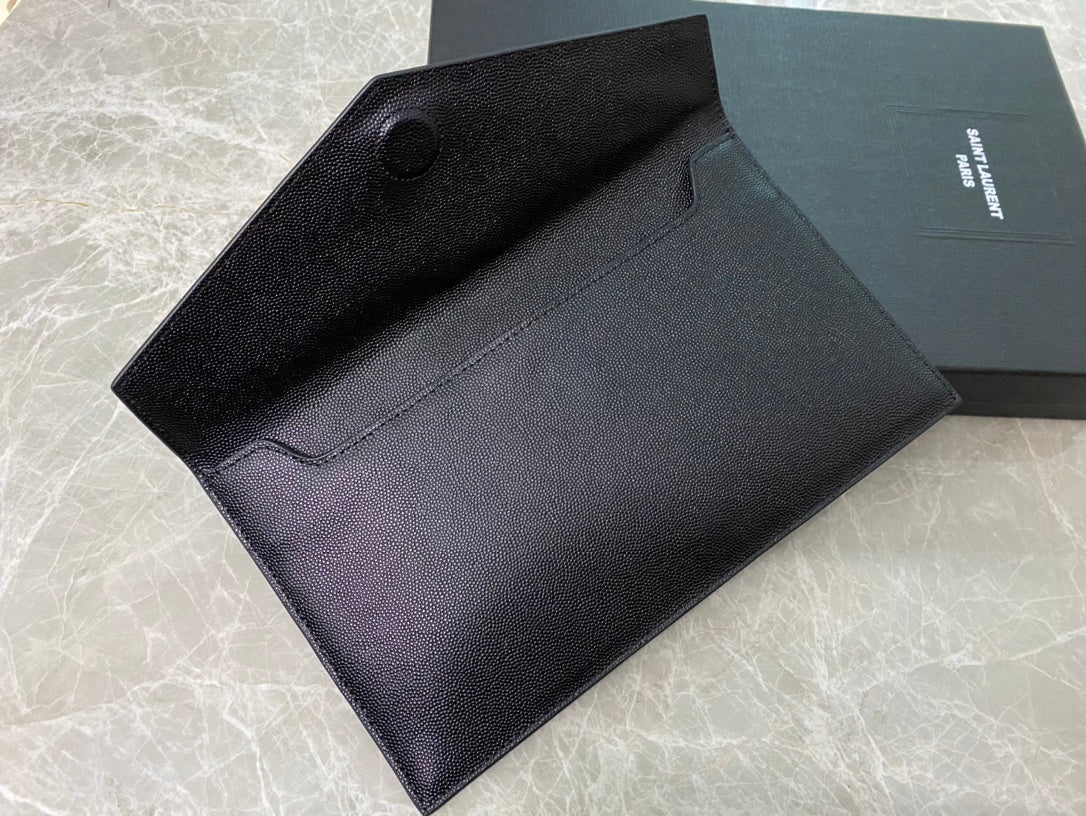 Saint Laurent Uptown Pouch in Black Grain de Poudre Leather with Gold Logo