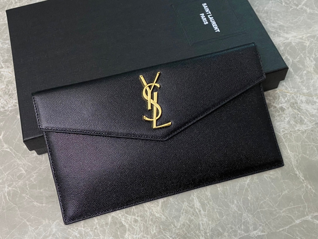 Saint Laurent Uptown Pouch in Black Grain de Poudre Leather with Gold Logo