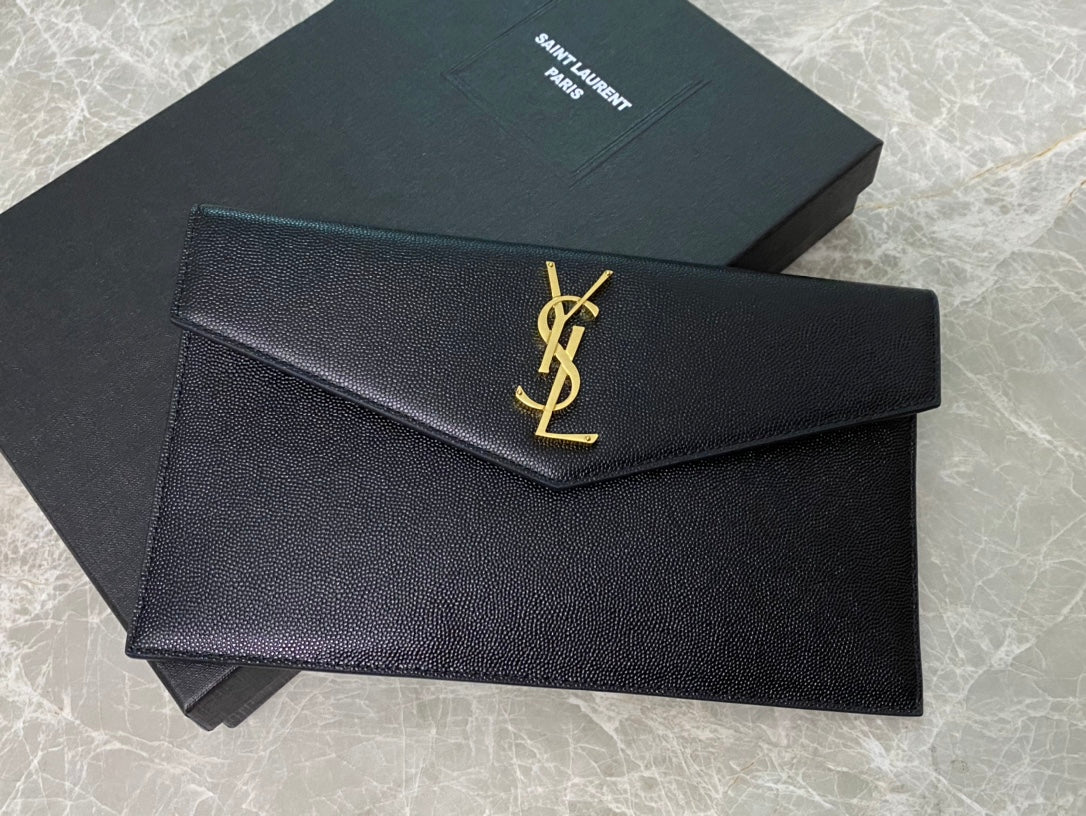 Saint Laurent Uptown Pouch in Black Grain de Poudre Leather with Gold Logo