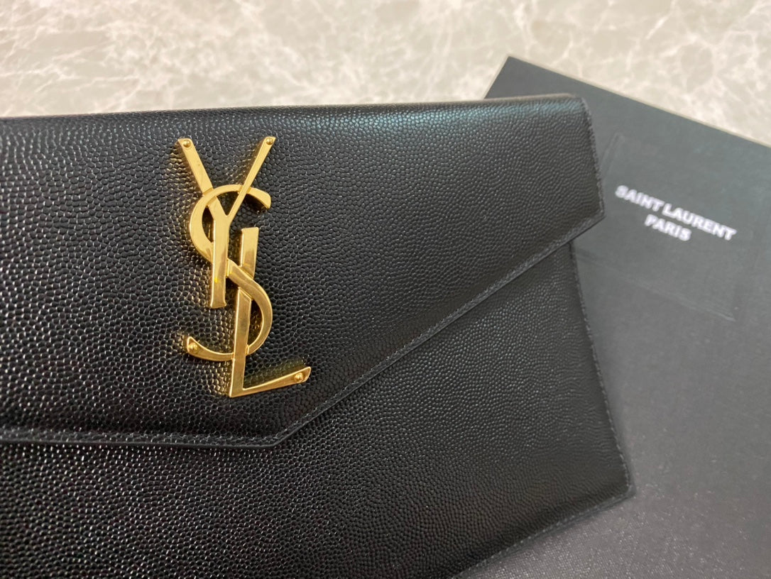 Saint Laurent Uptown Pouch in Black Grain de Poudre Leather with Gold Logo