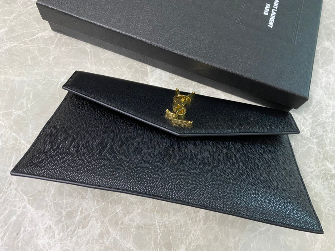 Saint Laurent Uptown Pouch in Black Grain de Poudre Leather with Gold Logo