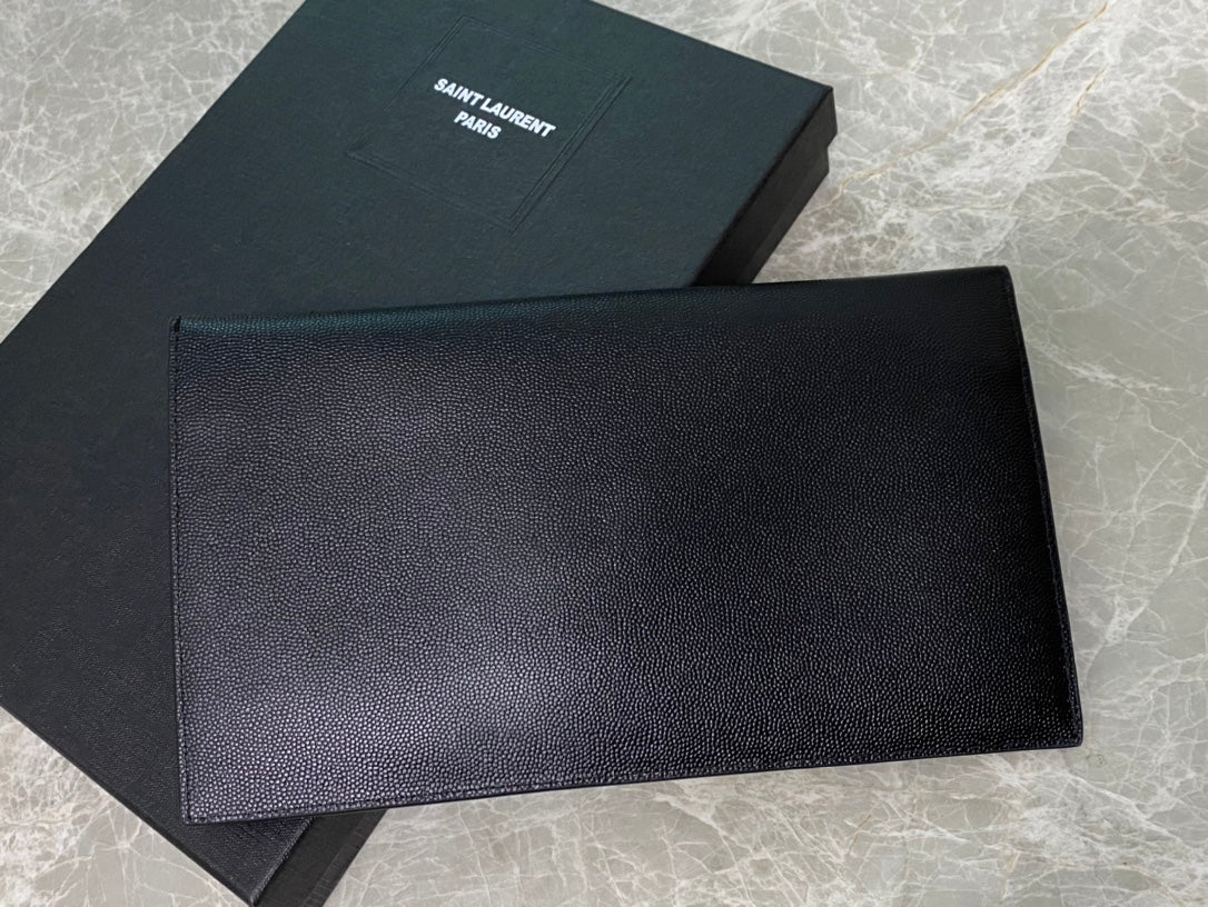 Saint Laurent Uptown Pouch in Black Grain de Poudre Leather with Gold Logo