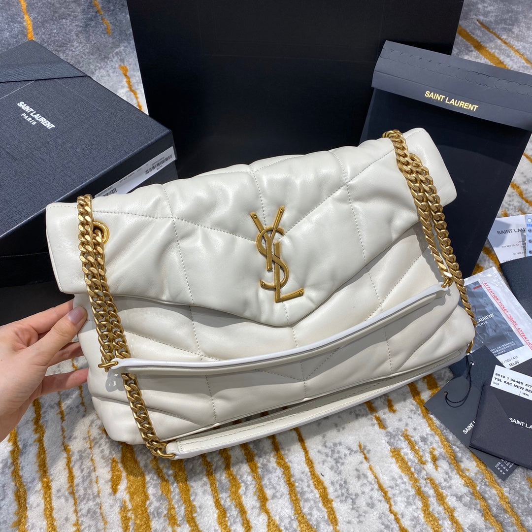 Saint Laurent Loulou Puffer Small in Quilted Lambskin - White/Gold