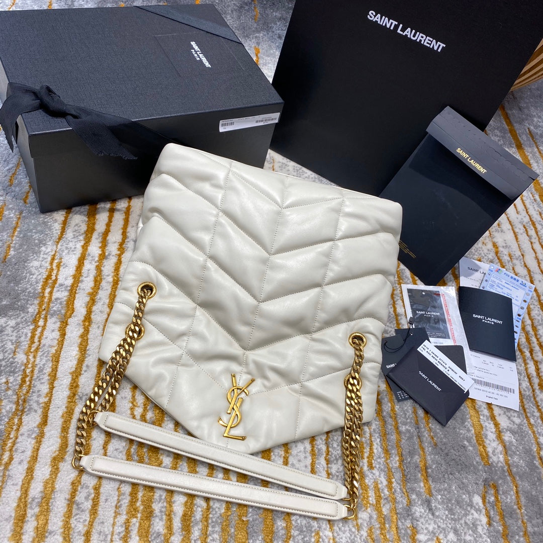 Saint Laurent Loulou Puffer Small in Quilted Lambskin - White/Gold