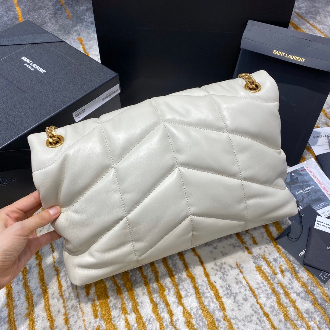 Saint Laurent Loulou Puffer Small in Quilted Lambskin - White/Gold