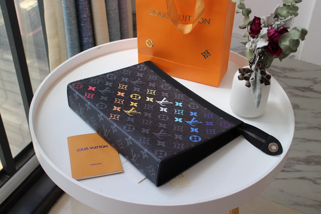 Luxury Monogram Gradient Clutch Bag - Black Designer Pouch with Rainbow Logo