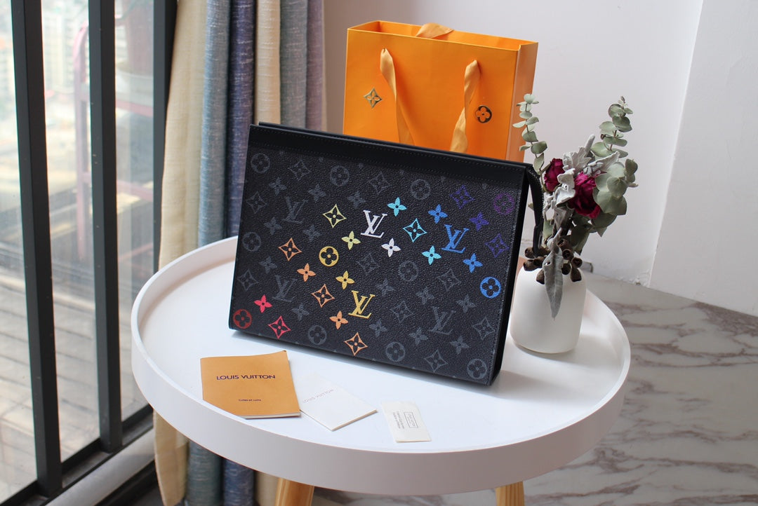 Luxury Monogram Gradient Clutch Bag - Black Designer Pouch with Rainbow Logo