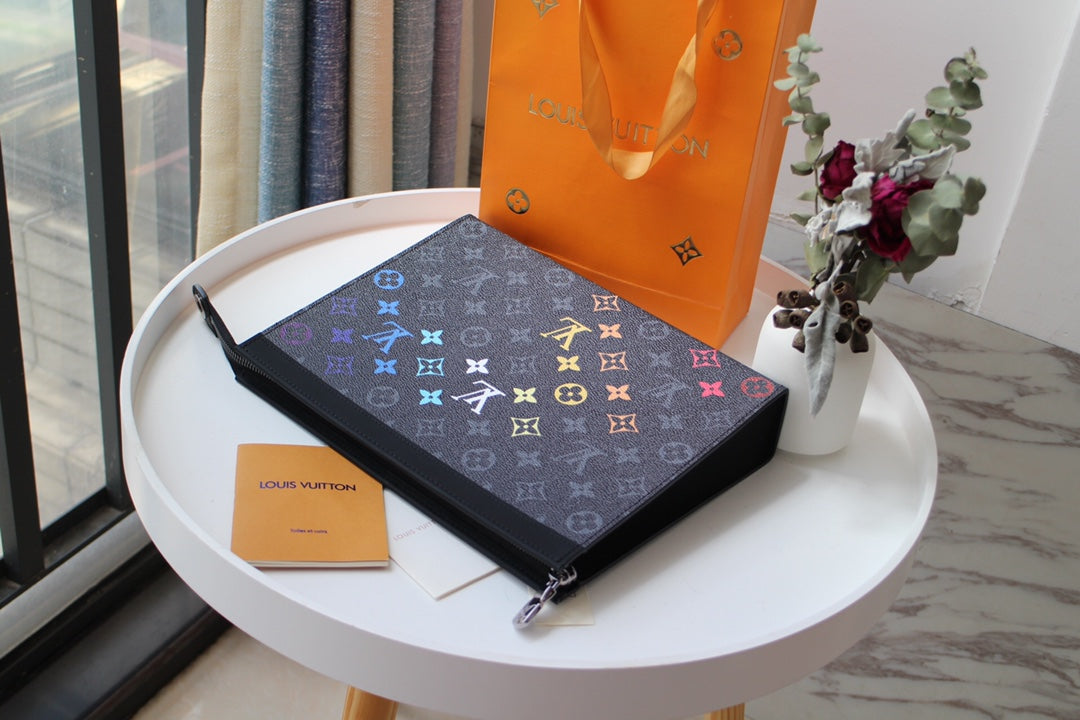 Luxury Monogram Gradient Clutch Bag - Black Designer Pouch with Rainbow Logo