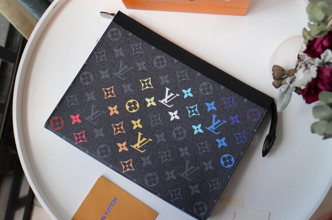 Luxury Monogram Gradient Clutch Bag - Black Designer Pouch with Rainbow Logo