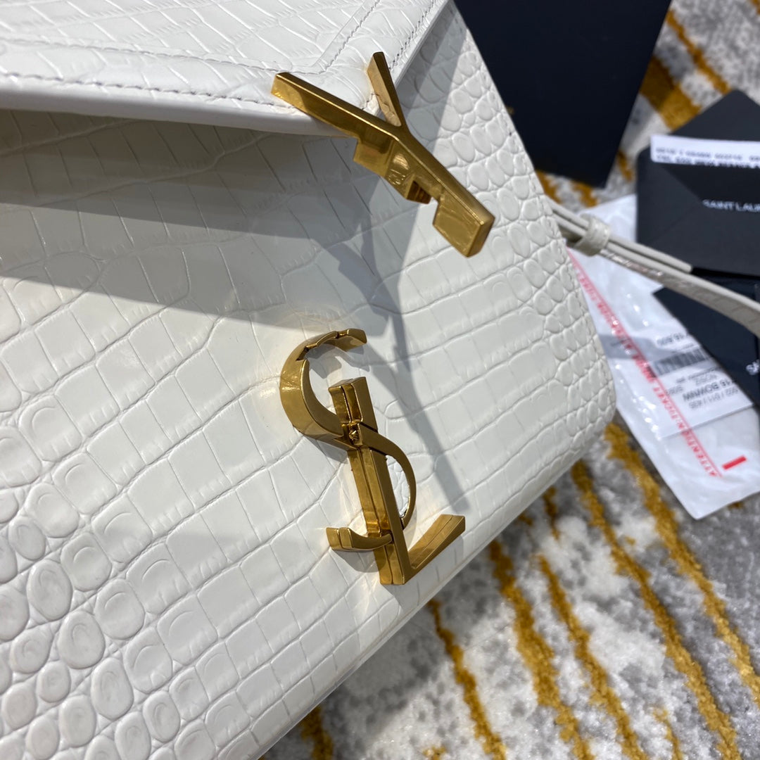 Saint Laurent Cassandra Medium Top Handle Bag in Crocodile-Embossed Leather - White