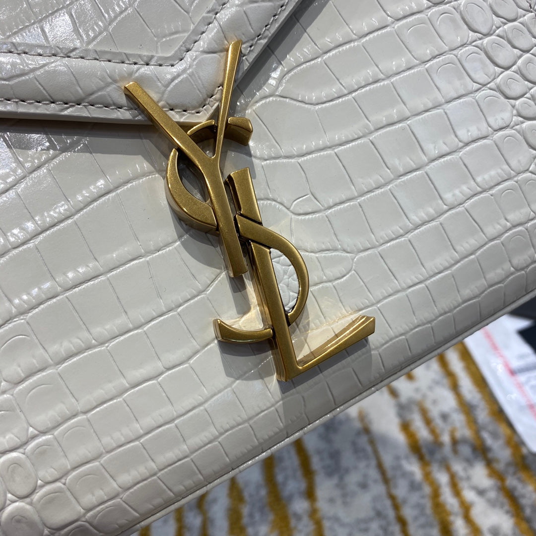 Saint Laurent Cassandra Medium Top Handle Bag in Crocodile-Embossed Leather - White