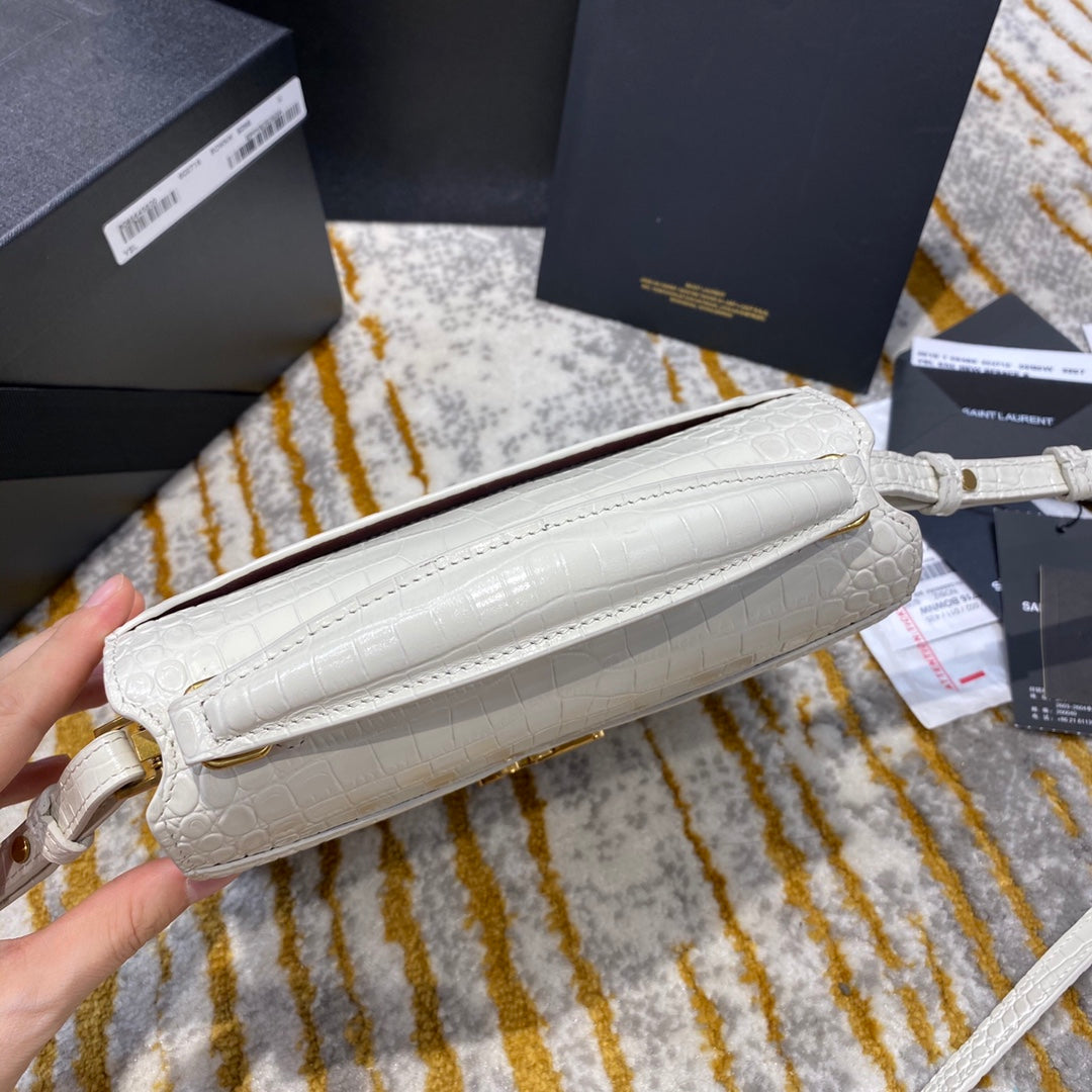 Saint Laurent Cassandra Medium Top Handle Bag in Crocodile-Embossed Leather - White