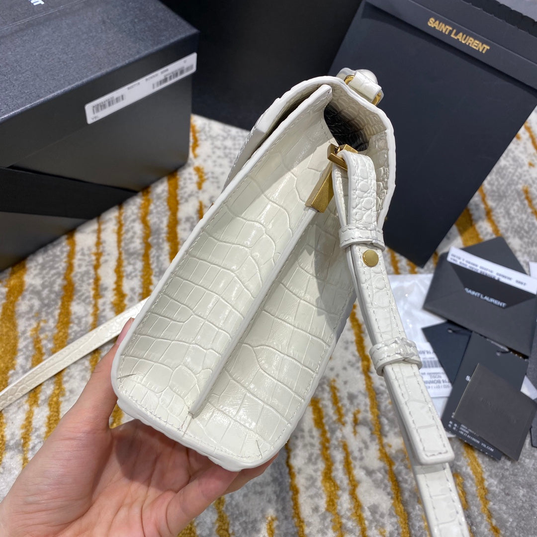 Saint Laurent Cassandra Medium Top Handle Bag in Crocodile-Embossed Leather - White