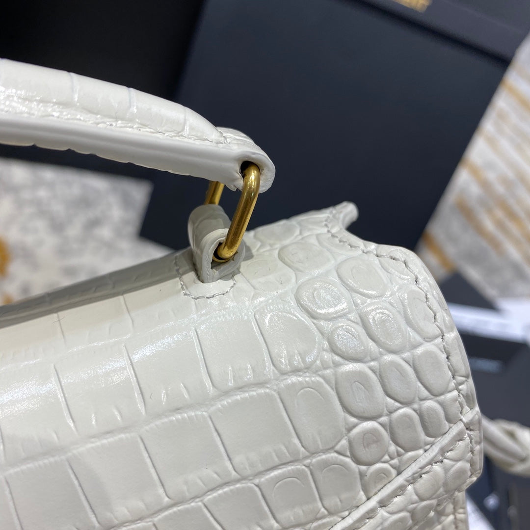 Saint Laurent Cassandra Medium Top Handle Bag in Crocodile-Embossed Leather - White