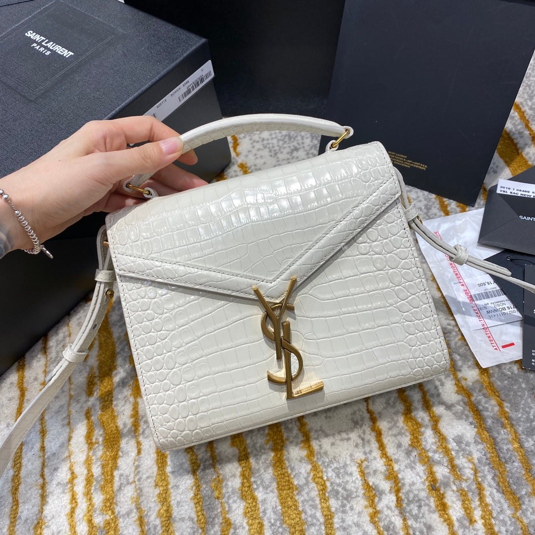 Saint Laurent Cassandra Medium Top Handle Bag in Crocodile-Embossed Leather - White