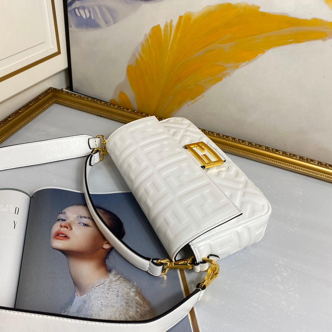 Fendi Baguette White FF Embossed Leather Shoulder Bag
