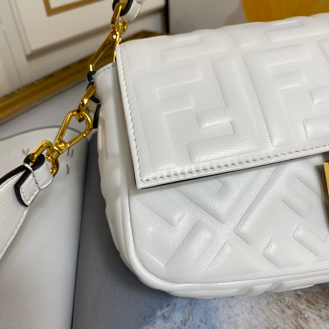 Fendi Baguette White FF Embossed Leather Shoulder Bag