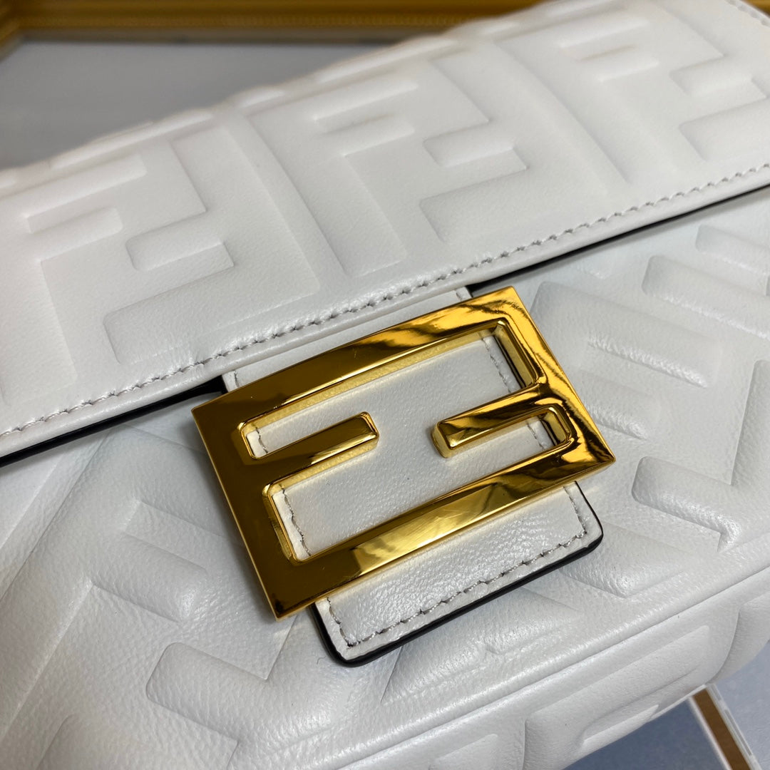Fendi Baguette White FF Embossed Leather Shoulder Bag