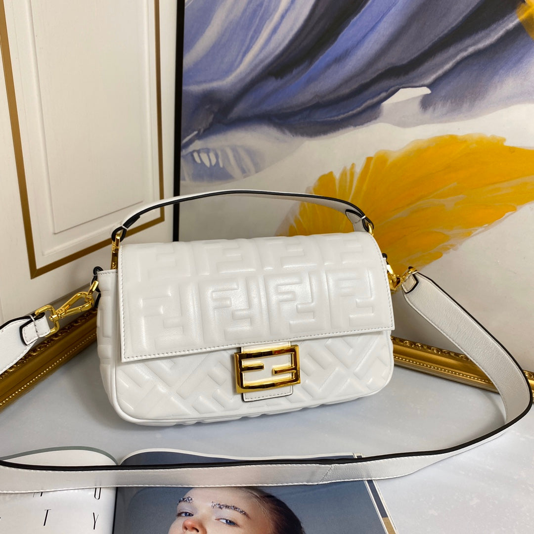 Fendi Baguette White FF Embossed Leather Shoulder Bag