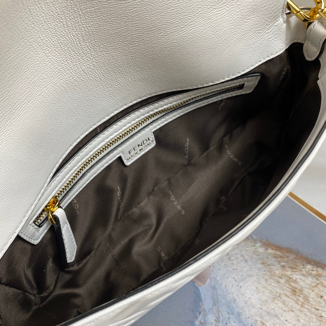 Fendi Baguette White FF Embossed Leather Shoulder Bag