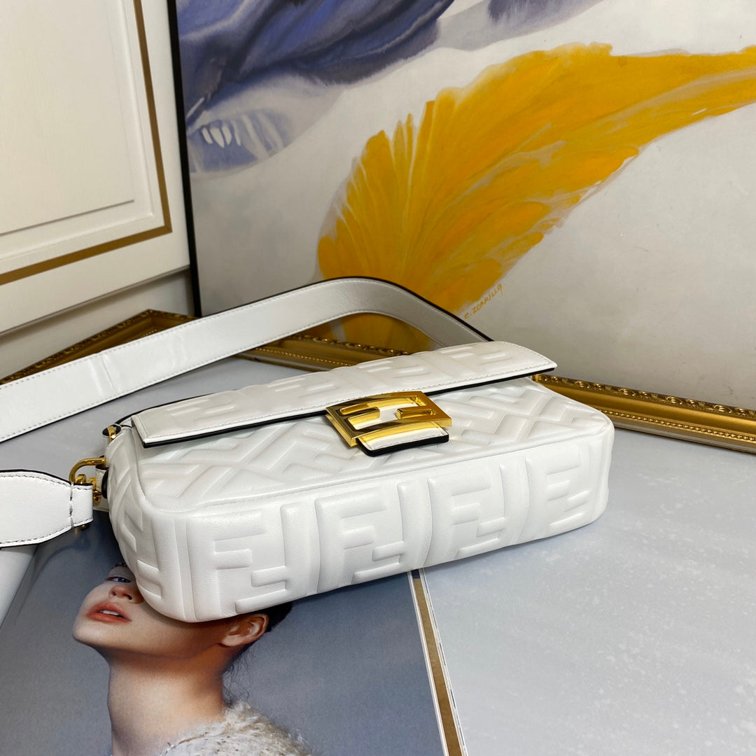 Fendi Baguette White FF Embossed Leather Shoulder Bag